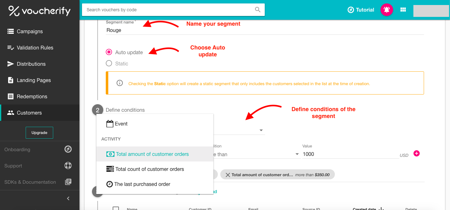 Voucherify- Programards پاداشها - ایجاد بخش های مشتری